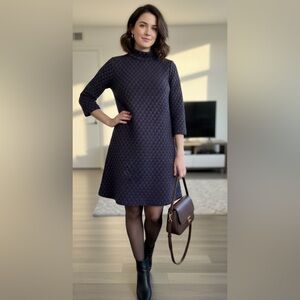 Tuckernuck Navy & Brown Geometric Quilted Mock Neck Dress - XS